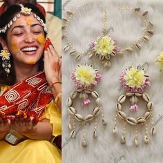 a woman is smiling next to two necklaces with flowers on them and another photo of her