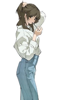 an anime character with long hair and blue jeans