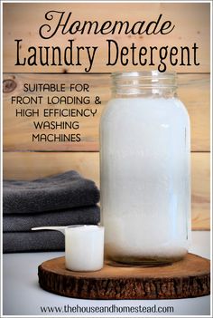 the homemade laundry deterant is in a glass jar