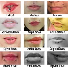 many different types of lips with piercings on each lip and the names of them