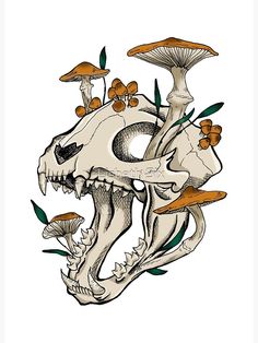 an animal skull with mushrooms growing out of it