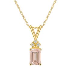 "Adorned with an emerald-cut morganite center stone, and dazzling diamond accents, this eye-catching pendant completes your stylish look. Adorned with an emerald-cut morganite center stone, and dazzling diamond accents, this eye-catching pendant completes your stylish look. Pendant size: 2/3""L x 1/5""W Chain length: 18 in. Chain type: rope Metal: 14k gold Plating: rhodium Finish: polished Packaging: boxedSTONE DETAILS Stone type: morganite Total weight: 9/10 ct. Stone size: 7 mm x 5 mm Shape: e Luxury Gold Morganite Jewelry, Gold Morganite Jewelry With Diamond Accents, Yellow Gold Morganite Jewelry With Diamond Accents, Fine Gold Morganite Jewelry, Fine Jewelry Morganite Baguette Cut, Elegant Emerald Cut Morganite Jewelry, Elegant Emerald-cut Morganite Jewelry, Luxury Gold Necklaces With Accent Stones, Elegant Gold Necklace With Accent Stones