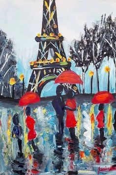 a painting of people holding umbrellas in front of the eiffel tower