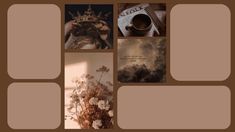 a collage of photos with flowers, pictures and words on them in brown tones