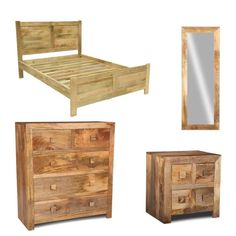 four pieces of furniture including a bed, dresser and mirror are all made out of wood