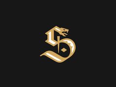 the letter g with a snake on it's head is shown in gold and black