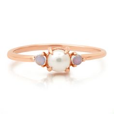 Gold, Pearl & Stone Ring - This three-stone, 14k gold ring is petite and sweet, with a lustrous pearl flanked by moonstone cabochon on both sides. The hint of color from the moonstones pairs nicely with the satin nature of the pearl. Available in half sizes 38. Gold Moonstone Ring, Moonstone Cabochon, Pearl Stone, Rings Diamond, Artful Home, 14k Gold Ring, The Pearl, Moonstone Ring, Jewelry Gold