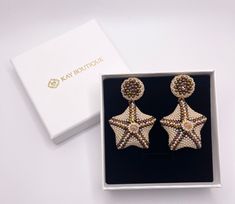 - Ships in 1 business day   - 100% Handmade   - Seed Beads, Gold Filled Metal   - Measure: Approximately 3 inches long  - Weight: 0.7 ounce (22 grams) the pair Beaded Stud Earrings, Nautical Earrings, Sea Star, Starfish, Beautiful Earrings, Beach Wedding, Seed Beads, Jewelry Earrings Dangle, Gold Filled