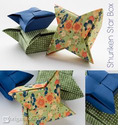 four different views of an origami star with flowers and polka dots on it