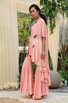 Shop for Mahima Mahajan Pink Modal Satin Embroidered Kurta And Gharara Set for Women Online at Aza Fashions Designer Palazzo Set With Cape Sleeves For Eid, Eid Sharara With Mirror Work And Cape Sleeves, Spring Wedding Pant Set With Dabka Work, Spring Wedding Palazzo Set With Mirror Work, Eid Georgette Sharara With Cape Sleeves, Eid Palazzo Set With Dupatta And Cape Sleeves, Spring Floor-length Palazzo Set With Resham Embroidery, Cape Sets For Eid Reception, Resham Embroidered Georgette Cape Sets