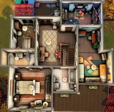 an overhead view of a three bedroom house