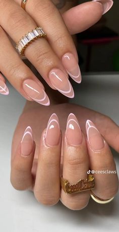 Simple Acyrilics Nails Almond, Wedding Nail Inspo For Bride Almond, Minimalist Art Nails, French Tip Almond Nails With Design Fall, Almond Neutral Nails Classy, Plain Classy Nails, Open French Tip Nails, Baby Pink Aura Nails, Almond Shellac Nails