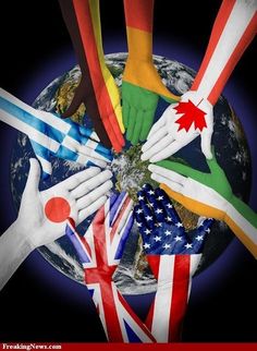 many hands are holding each other in front of the earth with flags on it,