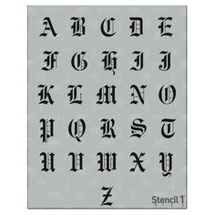 an old english alphabet with the letters and numbers in black ink on a gray background