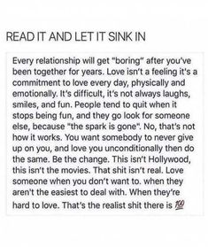 the text reads, read it and let sinkin'in every relationship will get boring after you've been together for years love isn't