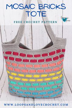 a crocheted bag with the words mosaic bricks tote on it