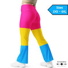 Rock your next pride event with these awesome pansexual flag leggings. They have a figure enhancing style with a butt-lifting cut and the high waist makes then super comfortable and trendy. Made from recycled materials they are eco-friendly and the quality fabric is stretchy and soft with a a mild compression feel, perfect for whatever you've got lined up. Remember to check the size guide in the listing photos before purchasing as we don't offer size exchanges. 💗 STYLE GUIDE * Soft and stretchy Fitted Color Block Gym Bottoms, Fitted Color Block Workout Bottoms, Fitted Color Block Yoga Bottoms, Fitted Color Block Bottoms For Yoga, Fitted Red Color Block Bottoms, Fitted Multicolor Color Block Pants, Stretch Multicolor Color Block Bottoms, Multicolor Stretch Color Block Bottoms, Multicolor Stretch Color Block Activewear