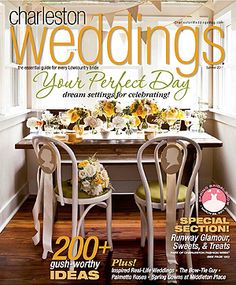 the front cover of charleston wedding magazine, featuring two chairs and a table with flowers on it