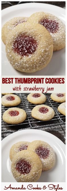 cookies with strawberry jam on them and the words best thumbprint cookies