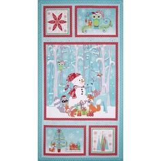 a quilted wall hanging with snowmen and christmas trees in the woods on it