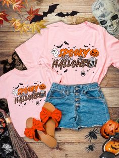 Mommy And Me Halloween, "Halloween Shirts Young Girl Here For The", Cute Groovy Halloween Shirts Toddler Tee Retro Halloween, Halloween Girl Shirt, Spooky Vibes, Halloween Party Gift, Young Girl Casual Pumpkin Print Short Sleeve T-Shirt Suitable For Summer Coral Pink Casual  Short Sleeve Knitted Fabric Christmas,Geometric,Halloween,Letter  Slight Stretch  Young Girls Clothing, size features are:Bust: ,Length: ,Sleeve Length: Halloween Pink Cartoon Print Top, Pink Halloween Cartoon Print Top, Halloween Retro, Kawaii Short Sleeve Halloween T-shirt, Cheap Pink Halloween T-shirt, Pink Cotton T-shirt For Halloween, Rosa Coral, Halloween Party Gifts