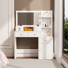 a white vanity with lights on it in a room next to a bed and window