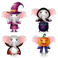 four cartoon elephants dressed up as witches and pumpkins for halloween party or tricking