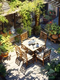 an artist's rendering of a table and chairs in a garden with potted plants