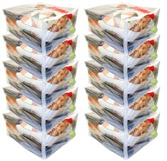 a stack of six boxes filled with different types of food on top of each other