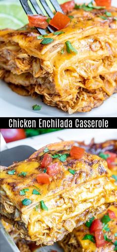 chicken enchilada casserole on a plate with a fork