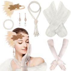 PRICES MAY VARY. Roaring 20s Accessories for Women: the package comes with 1 white fur shawl, 1 piece of 1920s headpiece for women, 1 pair of long champagne gloves, 1 pearl necklace, 1 pearl bracelet, 1 pair of flapper earrings, and 1 stick, a delicate combination that can meet your 1920s party use and cosplay costume matching needs Flapper Faux Fur Shawl: this 1920s faux fur wrap is made of synthetic fur, soft and comfortable, warm and lightweight, it measures about 120 cm/ 47.2 inches long, an Elegant Winter Party Costume Accessories, Roaring 1920s Party, Roaring 20s Accessories, 20s Accessories, Flapper Costume Halloween, Women 1920s, Retro Style Outfits, Flapper Accessories, 1920s Costume