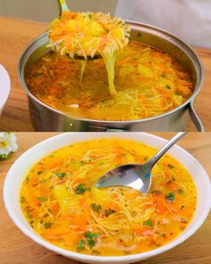 two bowls filled with soup on top of a wooden table