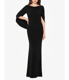 Betsy & Adam Cowl Neck Sleeveless Draped Back Mermaid Gown | Dillard's Fitted Pre-draped Evening Dress With Cape Sleeves, Fitted Draped Gown With Sweep Train, Fitted Bodice Gown With Cowl Back, Elegant Evening Dress With 4-way Stretch, Fitted Pre-draped Evening Dress With Cowl Back, Elegant Formal Dress With 4-way Stretch, Formal Fitted Gown With Cowl Back, Elegant Wedding Dress With 4-way Stretch, Cape Sleeve Dress