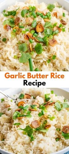 garlic butter rice in a white bowl with green garnish