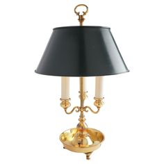 a table lamp with a black shade on it