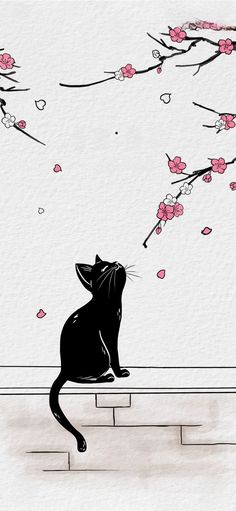 a black cat sitting on top of a bench under a tree with pink blossoming branches