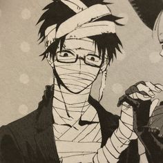 a drawing of two people one with glasses and the other with a bandaged head