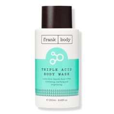 Triple Acid Body Wash - TRIPLE ACID BODY WASH 8.45OZFeaturesVegan FriendlyCruelty FreeGluten FreeTotal Naturally Derived 97%Key IngredientsLactic Acid: One of the almighty alpha hydroxy acids (aka AHAs), this exfoliating acid is a triple threat  hydrating, smoothing, and skin evening.Glycolic Acid: An AHA that gobbles up the top layer of skin cells helping to improve the appearance of KP, breakouts and bumpy skin.Gluconolactone/PHA: A gentle chemical exfoliant that gently exfoliates away top layers of skin, while drawing moisture in to trap hydration for longer. - Triple Acid Body Wash Body Breakouts, Frank Body, Bumpy Skin, Alpha Hydroxy Acid, Layers Of Skin, Triple Threat, Glycolic Acid