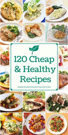 the cover of 120 healthy and cheap dinner recipes, with pictures of different foods on it