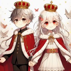 two anime characters dressed in red and white outfits, one is wearing a tiara