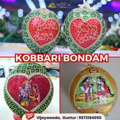 two heart shaped ornaments with the words korbai bondam written on one side