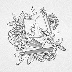 an open book surrounded by roses and leaves