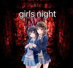 two girls standing next to each other in front of a red background with the words girls night