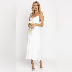 Never Worn And In Perfect Condition! I Was Going To Wear It For A Wedding Event But Decided On Something Else. Happy To Answer Any Questions Or Add Additional Pictures! White Slip Dress With Fitted Bodice, Midi Length, White Fitted Bodice Slip Dress, Midi Length, White Fitted Bodice Midi Slip Dress, White Midi-length Slip Dress With Fitted Bodice, Wedding Slip Dress With Fitted Bodice, Midi Length, Fitted White Slip Dress For Dinner, White Fitted Slip Dress For Bridesmaid, White Fitted Bridesmaid Slip Dress, White Spring Midi Dress For Wedding Night