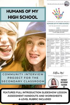 an advertisement for a high school project with two girls and one boy smiling at the camera