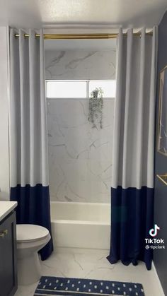 a bathroom with blue and white shower curtain, rug, toilet and sink in it