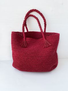 Bright red raffia bag handmade of paper rope yarn (natural cellulose) This crochet tote can be used like beach bag, market shopping bag, daily and holiday bag. It can keep a lot of little things that no woman can do without.  High quality great handmade gift for any occasion and for women any age. more crochet bag here https://etsy.me/3mXZ93a Size: 18`` length x 12`` height (45 x 30 cm), , handles length 19 inch (38 cm) Lining: 100% viscose Inside 2 snap-button pockets, main closer with snap button also Raffia crochet bag is smooth, strong, soft, breathable, hypo-allergenic, does not gather dust or dirt It`s lightweight, does not wrinkle, easy to wash Paper raffia yarn is tolerate well humid conditions and, due to the tight crochet, it does not ignite easily. CARE: hand washable in cold wa Red Crochet Tote Bag For Everyday, Red Crochet Bag, Red Crochet Bag For Shopping, Red Crochet Shopping Bag, Eco-friendly Red Crochet Bag For Daily Use, Eco-friendly Red Crochet Bag, Raffia Crochet, Crochet Beach Bags, Fall Blanket