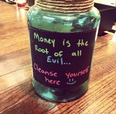 a jar with writing on it sitting on a table