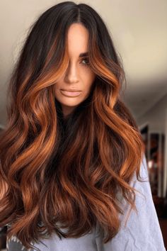 chocolate auburn hair, hair color, hair trends Auburn Hair For Olive Skin Tone, Dark Auburn Ombre Hair, Brunette Orange Balayage, Copper Auburn Hair Color Balayage, Dark Hair Auburn Highlights, Black To Auburn Hair, Dark Brown To Red Hair, Brown And Auburn Hair, Chocolate Auburn Hair Color