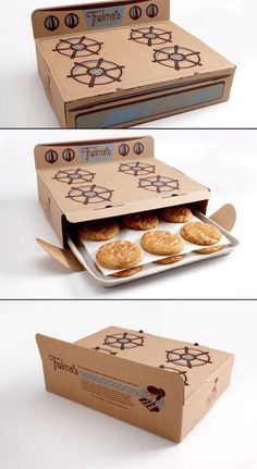 an open cardboard box with some cookies in it